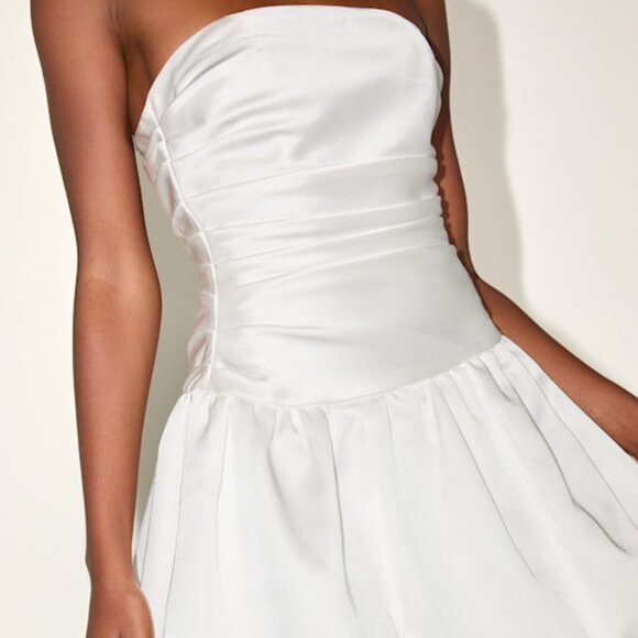 Lulus Stately Stunner White Drop Waist Bubble-hem Mini Dress - Size M - Picture 1 of 3